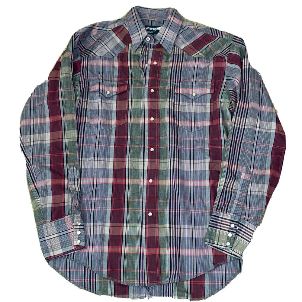 Vintage Wrangler Western Cowboy Shirt Purple Plaid Pearl Snap Large X-Long Tail